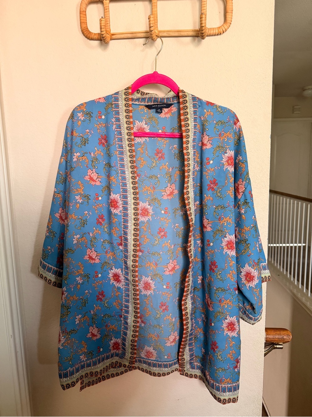 Max Edition Blue Floral Kimono Robe with Pink & Cream Accents
